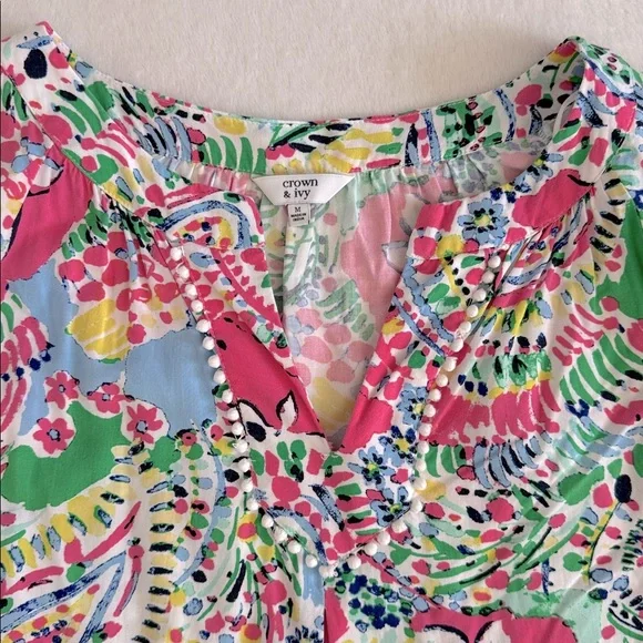 Crown & Ivy | Multicolor Crochet Lace Inset V-Neck Boho Peasant Blouse (M) - Picture 3 of 15